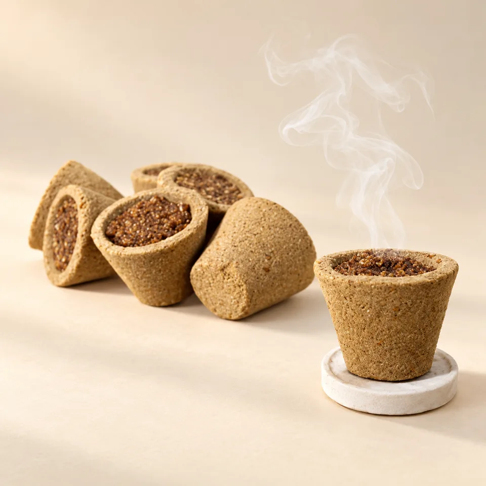 Tan Guggal dhoop cups with holder against an ivory background — styled product image